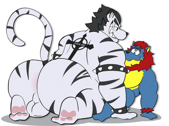 anthro balls biceps big_butt black_hair butt duo fur genitals hair huge_butt imminent_sex male male/male muscular muscular_anthro muscular_male nude open_mouth paws shadow simple_background size_difference smile stripes tail teeth text white_body white_fur janjauwu caid langdon_marston felid lion mammal pantherine tiger hi_res