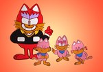 anthro clothed clothing female fur group hair male simple_background smile tail jradical2014 bandai_namco mappy goro_(mappy) meowkie domestic_cat felid feline felis mammal absurd_res digital_media_(artwork) hi_res