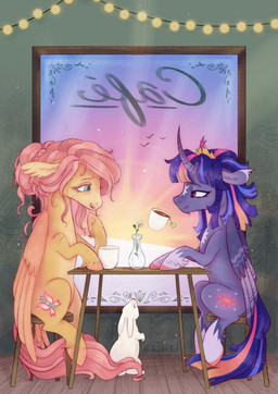 cafe container cup feral fetlocks flower furniture hooves horn plant stool string_lights tea_cup window wings b3luv3d friendship_is_magic hasbro my_little_pony mythology fluttershy_(mlp) twilight_sparkle_(mlp) equid equine lagomorph leporid mammal mythological_creature mythological_equine rabbit winged_unicorn hi_res