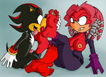 anthro black_body breasts clothing digit_ring duo feet female foot_fetish foot_lick genitals gloves handwear jewelry licking male nipples penis red_body ring toe_ring toes tongue white_clothing white_gloves white_handwear salmacisreptile archie_comics sega sonic_the_hedgehog_(archie) sonic_the_hedgehog_(comics) sonic_the_hedgehog_(series) lien-da shadow_the_hedgehog echidna eulipotyphlan hedgehog mammal monotreme