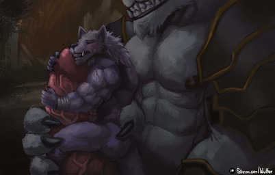 abs anthro anthro_on_anthro big_penis blush claws duo erection eyes_closed fangs genitals hug huge_penis hugging_another hugging_penis humanoid_genitalia humanoid_penis larger_male male male/male muscular muscular_anthro muscular_male nipples pecs penis size_difference smaller_male teeth vein veiny_penis wulfer-shepherd elden_ring fromsoftware blaidd_(elden_ring) maliketh_(elden_ring) canid canine canis mammal wolf
