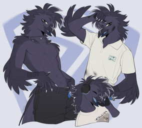 anthro beak black_body black_feathers black_hair bottomwear claws clothed clothed_male clothing electronics feathers hair headphones jewelry male necklace pants shirt shirtless_anthro shirtless_male solo t-shirt tail tail_feathers topwear wiping_forehead brg9u avian bird corvid corvus_(genus) crow oscine passerine hi_res