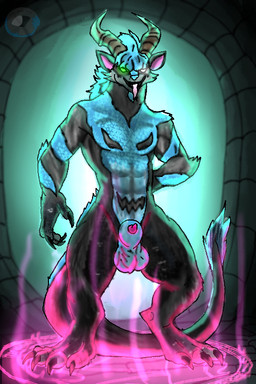 animal_genitalia anthro bottomwear clothing genitals horn knot loincloth looking_at_viewer magic male muscular muscular_male pecs sheath solo standing tongue cor1998l dex_longtail demon 2:3