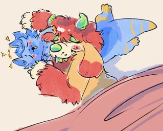 bedding blanket blush duo head_on_belly head_on_chest lying male male/male multicolored_body on_side open_mouth size_difference yummyfreaky rain_world videocult astral_(jeddy) yummy canid canine chimera mammal slugcat