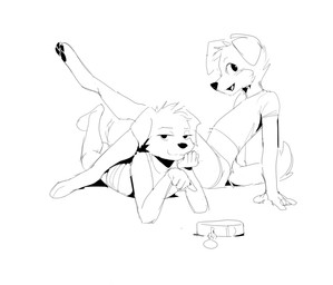 anthro arm_support bedroom_eyes bottomwear cheek_tuft clothing collar digitigrade duo ear_tuft facial_tuft femboy grey_background hair hand_on_chin looking_aside looking_at_viewer lying male narrowed_eyes on_front open_mouth pawpads raised_leg seductive shadow shirt short_hair shorts simple_background sitting smile tank_top topwear tuft twang canid canine mammal hi_res monochrome sketch