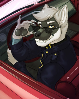 anthro blue_claws blue_eyes claws clothing collar driving_car eyewear fangs jacket looking_at_viewer male smile smiling_at_viewer solo sunglasses teeth topwear sajophoe cole_canine canid canine canis domestic_dog husky mammal nordic_sled_dog spitz hi_res