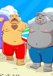 anthro beach belly big_belly bottomwear brown_body clothing cloud duo facial_hair grey_body kemono male mature_male moobs mustache navel nipples overweight overweight_male shorts swimwear bullbluedog bear canid canine canis domestic_dog mammal 2024 absurd_res hi_res