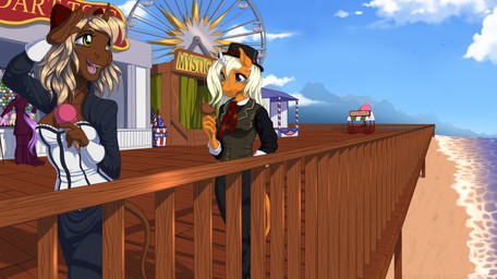 accessory amusement_ride anthro beach boardwalk bow_ribbon carnival_game clothing curved_horn dessert duo female female/female ferris_wheel food hair_accessory hair_bow hair_ribbon horn ice_cream pork_pie_hat ribbons tail tail_tuft topwear tuft vest kittehkatbar 2k_games bioshock bioshock_infinite hasbro my_little_pony mythology dreamsicle_pony fan_character equid equine mammal mythological_creature mythological_equine unicorn crossover hi_res
