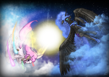 armor black_body black_feathers blue_hair cloud crown cutie_mark detailed_background duo elements_of_harmony feathered_wings feathers female feral fight hair headgear horn long_hair outside princess quadruped royalty sky skyscape sun tail toony white_body white_feathers wings ryuukiba friendship_is_magic hasbro my_little_pony mythology nightmare_moon_(mlp) princess_celestia_(mlp) equid equine mammal mythological_creature mythological_equine winged_unicorn