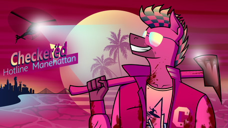 aircraft anthro axe beach blood blood_on_axe blood_on_clothing blood_on_neck blood_on_weapon bodily_fluids bridge city city_background clothing ears_up eyewear helicopter holding_axe holding_melee_weapon holding_object holding_weapon male melee_weapon palm_tree plant sea smile smiling_at_viewer solo sunglasses text tree vehicle water weapon checkered_(artist) checkered_(pony) equid equine horse mammal pony 16:9 4k absurd_res hi_res widescreen