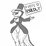 anthro bottomless clothed clothing coat dialogue election female genitals hat headgear headwear pussy simple_background solo text top_hat topwear totalgary kobold 1:1 aliasing black_and_white digital_media_(artwork) english_text monochrome