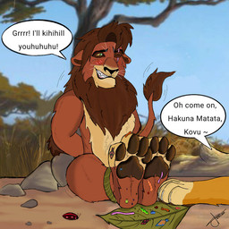 4_toes ankles_tied anthro black_nose blush blush_lines bound brown_body brown_fur brown_mane brown_pawpads brown_tail_tuft cheek_tuft day dialogue duo eye_scar eyebrows facial_scar facial_tuft feet fur fur_tuft green_eyes hands_behind_back leaf male mane motion_lines multicolored_body multicolored_fur nude_anthro nude_male one_eye_closed outside pawpads paws plant rock scar sitting sky smile solo_focus speech_bubble tail tail_tuft talking_to_another tan_body tan_fur teeth text tickle_fetish tickle_torture tickling tickling_feet toes tree tuft whiskers yellow_sclera leon_tickles disney the_lion_king kovu_(the_lion_king) simba_(the_lion_king) arthropod felid insect lion mammal pantherine 1:1 english_text