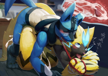 anal anal_penetration anthro anthro_on_anthro anthro_penetrated anthro_penetrating anthro_penetrating_anthro black_body black_fur black_markings blue_body blue_ears blue_eyes blue_fur blue_tail blurred_background bodily_fluids collar cum cum_in_ass cum_inside cum_on_own_penis cum_on_penis cum_on_self cum_splatter cum_while_penetrated drooling duo erection eyes_closed eyewear from_behind_position fur genital_fluids genitals glasses hand_spike head_tuft humanoid_genitalia humanoid_penis internal leash leash_pull leg_markings looking_pleasured looking_up male male/male male_penetrated male_penetrating male_penetrating_male markings motion_lines open_mouth penetration penis pink_nose pupils red_collar red_leash red_penis red_tongue saliva saliva_string sex slit_pupils socks_(marking) spikes spikes_(anatomy) tail tan_body tan_fur text tongue tongue_out tuft yellow_body yellow_ears yellow_fur yellow_tail t.y.stars nintendo pokemon generation_4_pokemon generation_7_pokemon legendary_pokemon lucario pokemon_(species) zeraora absurd_res hi_res translation_request