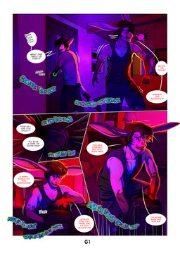 anthro backpack bottomwear clothed clothing dialogue duo fur glowstick glowstick_bracelet hair inside long_ears male markings music open_mouth pants shirt shorts speech_bubble striped_markings striped_tail stripes tail tail_markings teeth text tongue topwear wristband chat_noir_(artist) adrian_donovan letho_donovan shaun_robbins bassariscus lagomorph leporid mammal procyonid rabbit ring-tailed_cat comic digital_media_(artwork) english_text hi_res