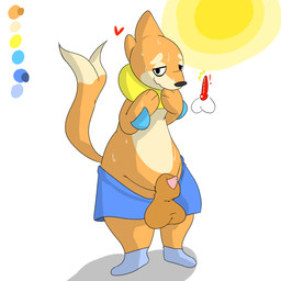 animal_genitalia balls bodily_fluids bottomwear clothing fur genitals heart_symbol male orange_body orange_fur pants penis penis_tip sheath shell shy simple_background solo sun sweat white_background matchesyashi nintendo pokemon buizel generation_4_pokemon pokemon_(species) 1:1 hi_res