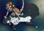 anthro clothed clothing duo female feral hair petting red_hair tail tail_motion tailwag tongue tongue_out halcy0n derpster canid canine canis collie domestic_dog herding_dog herpestid mammal meerkat pastoral_dog sheepdog