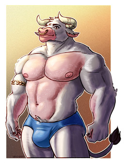 2_horns 5_fingers anthro areola armlet biceps biped blue_clothing blue_speedo blue_swimwear border brown_eyes bulge clothed clothing facial_piercing fingernails fingers forearm_muscles front_view fur horn male muscular muscular_anthro muscular_male nails navel nipples nose_piercing nose_ring pecs piercing pink_body pink_nipples pink_nose pink_skin pube_peek pubes ring_piercing simple_background soft_abs solo speedo standing swimwear swimwear_only tail ventral_groove white_body white_border white_fur white_horn white_tail yellow_background ubio european_mythology greek_mythology minotaur_hotel mythology asterion_(minotaur_hotel) bovid bovine mammal minotaur 2025 digital_drawing_(artwork) digital_media_(artwork) hi_res signature