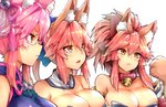 big_breasts breasts brown_body brown_fur clothing female fur group hair long_hair pink_hair simple_background yellow_eyes wisespeak fate_(series) type-moon berserker_tamamo_cat caster_tamamo-no-mae animal_humanoid canid canid_humanoid canine canine_humanoid fox_humanoid humanoid mammal mammal_humanoid