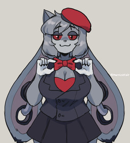 anthro beret big_breasts bottomwear bow_tie breasts cleavage clothed clothing collared_shirt dress_shirt ear_piercing ear_ring female floppy_ears fur gauged_ear grey_body grey_fur grey_hair hair hat headgear headwear looking_at_viewer lop_ears piercing red_sclera ring_piercing shirt skirt solo topwear murninatair jund_(smugjund) canid canine canis hybrid lagomorph leporid mammal rabbit wolf hi_res