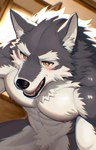 abs anthro biceps blush fangs featureless_crotch kneeling male muscular muscular_male nipples nude pecs solo teeth yellow_eyes cowardly_werewolf mythology canid canine canis mammal mythological_canine mythological_creature were werecanid werecanine werewolf wolf hi_res