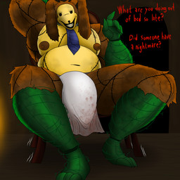 anthro apron barazoku belly big_belly bottomwear bulge chair clothed clothing dialogue dirty dirty_clothing fire furniture gesture horror_(theme) loincloth loincloth_only looking_at_viewer male mask muscular muscular_anthro muscular_male muscular_thighs necktie nipples overweight overweight_male patchwork pecs plant smile smiling_at_viewer solo spread_legs spreading stitch_(sewing) talking_to_viewer text thick_thighs topless triceps vines waving m4n the_walten_files lorenzo_waterman_(the_walten_files) pumpkin_rabbit lagomorph leporid mammal monster patchwork_creature patchwork_monster rabbit 1:1 absurd_res english_text hi_res