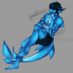 5_fingers 5_toes abs anthro biceps black_hair blue_body blue_eyes blue_skin bottomwear clothed clothing feet fingers hair male muscular muscular_anthro muscular_male pecs pose shorts solo swimming_trunks swimwear tail tattoo teeth toes topless ookami-kun gilian fish marine shark 1:1 2012 hi_res