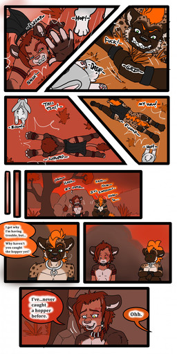anthro bottomwear clothing collar cuff_(restraint) dialogue duo feral fight hunting loincloth male metal_collar plant restraints rock savanna tail text tree tatsuchan18 havoc_(tatsuchan18) felid hyena lagomorph leporid lion mammal pantherine rabbit absurd_res comic digital_media_(artwork) english_text hi_res multiple_scenes