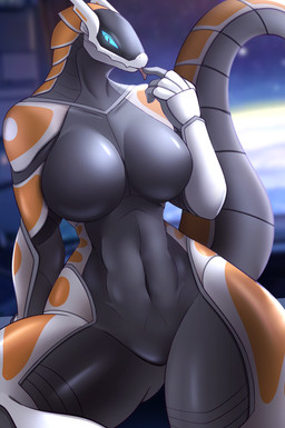 4_fingers anthro arm_support big_breasts biped blue_eyes blue_sclera blurred_background breasts claws featureless_breasts featureless_crotch female female_anthro finger_claws finger_fetish finger_lick finger_play fingers glistening glistening_body glistening_breasts glistening_legs grey_body grey_tail licking looking_at_viewer machine multicolored_body multicolored_tail navel non-mammal_breasts non-mammal_navel nude nude_anthro nude_female orange_body orange_tail pupils solo tail tapering_tail tongue tongue_out white_body white_tail sk3tchk4t solana_(basillisk) robot robot_anthro scalie synth_(vader-san) 2026 absurd_res digital_media_(artwork) hi_res