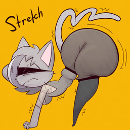 all_fours anthro bandage bandaged_arm bandaged_chest belt bent_over big_butt bottom_heavy bottomwear breasts butt cat_stretch clothing eyes_closed female female_anthro fur grey_body grey_fur head_tuft high_boots huge_butt mask_pull medium_breasts pants pointy_ears shake_lines shirt side_butt side_view small_waist solo stretching tail tank_top tight_bottomwear tight_clothing tight_pants topwear tuft whiskers sysnicat gata_the_future_russian_kitty gata_preobrazhenskaya domestic_cat felid feline felis mammal russian_blue 2026 digital_drawing_(artwork) digital_media_(artwork) hi_res