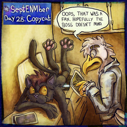 anthro backsack balls beak black_body black_fur butt clothed clothed/nude clothing collared_shirt dress_shirt duo embarrassed fully_clothed fur genitals lying male male/male nude office on_front pawpads paws photocopier printer public shirt speech_bubble tail technology text topwear yellow_eyes kittee_mortis septenmber accipitrid accipitriform avian bald_eagle bird domestic_cat eagle felid feline felis mammal sea_eagle 1:1 digital_media_(artwork) english_text hi_res