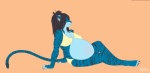 anthro arm_support barefoot belly big_belly bikini biped black_hair blue_body blue_fur blush clothing eyes_closed feet female fur hair long_tail navel pregnant solo stripes swimwear tail text two-piece_swimsuit mess1ah felid mammal pantherine tiger english_text hi_res