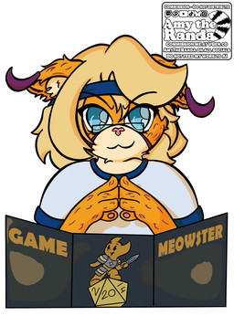 accessory anthro blonde_hair blue_eyes chibi clothing d20 dice eyewear game_screen gesture glasses hair headband looking_at_viewer male shirt smile smiling_at_viewer smirk smirking_at_viewer solo steepled_fingers t-shirt text topwear wearing_glasses yellow_body amytheranda miwagi_rishir_(tailscribemitch) felid feline lynx mammal cel_shading english_text hi_res shaded watermark