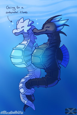 abdominal_bulge belly bubble duo feral male male/male pregnant pregnant_feral pregnant_male sea text toony water bluestripedrenulian xenopony456 halo_(luckylombax) xenna_(gibberjay) aquatic fish seahorse syngnathid syngnathiform 2:3 absurd_res artist_collaboration hi_res watermark