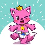 anthro arms_out blush clean_diaper clothed clothing crown diaper headgear jewelry looking_at_viewer male necklace on_one_leg one_eye_closed open_mouth pink_body smile solo standing star toddler wearing_diaper young young_anthro m@rt pinkfong_(character) canid canine fox mammal 1:1 hi_res