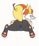 anthro anus blush bodily_fluids butt female genital_fluids genitals grey_body long_ears orange_body orange_eyes pink_nose presenting presenting_hindquarters pussy raised_tail solo stick stick_in_tail tail teeth vaginal_fluids white_body yellow_body aricks137 nintendo pokemon braixen canid canine fox generation_6_pokemon mammal pokemon_(species) animated hi_res short_playtime