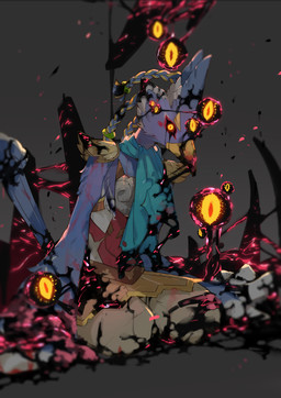 anthro beak blood blue_body blue_feathers bodily_fluids corruption feathers glowing glowing_eyes male aooni breath_of_the_wild nintendo the_legend_of_zelda revali windblight_ganon avian bird monster rito absurd_res hi_res