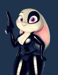 anthro big_breasts biped blue_background breasts cleavage clothed clothing cosplay female gun handgun pistol purple_eyes ranged_weapon simple_background skinsuit smile solo tight_clothing unzipped weapon wide_hips zipper sirredbenjamin disney marvel zootopia domino_(marvel) judy_hopps lagomorph leporid mammal rabbit hi_res portrait signature three-quarter_portrait