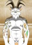 anthro barbell_piercing beard detailed_background ear_piercing facial_hair facial_piercing flesh_tunnel genitals horn male navel nipple_barbell nipple_piercing nipples nose_piercing nude penis piercing pubes septum_piercing shadow solo tattoo anti_dev lars_(anti_dev) bovid caprine goat mammal hi_res