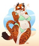 anthro beach belly big_breasts bikini breasts cleavage clothed clothing female fur heart_symbol looking_at_viewer navel neck_tuft one_eye_closed orange_body orange_fur slightly_chubby slightly_chubby_female smile smiling_at_viewer striped_body striped_fur stripes swimwear tail thick_thighs tuft two-piece_swimsuit white_body white_fur wide_hips wink winking_at_viewer kyuuoku naomi_(highlandkall) felid mammal pantherine tiger hi_res