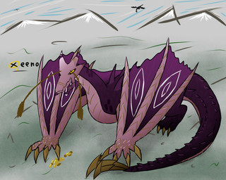 ambiguous_gender antennae_(anatomy) claws coin feral horn mandibles purple_body scales scar solo tail winged_arms wings yellow_eyes xeeno capcom monster_hunter mythology panthera_(xeeno) dragon flying_wyvern mythological_creature mythological_scalie scalie 5:4 hi_res