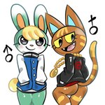 anthro big_sister_villager blonde_hair brown_body butt clothed clothing duo fangs female femboy fur gender_symbol gold_(metal) gold_jewelry green_body hair hand_in_pocket jacket jewelry male necklace pockets simple_background smile symbol teeth topwear monodie animal_crossing nintendo katt_(animal_crossing) sasha_(animal_crossing) domestic_cat felid feline felis lagomorph leporid mammal rabbit 1:1 digital_media_(artwork)