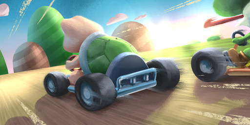 ambiguous_gender boots clothing cloud driving duo footwear grass kart motion_lines mountain outside plant rear_view red_tongue road shell shoes sky speed_lines sun tongue vehicle felips mario_bros mario_kart nintendo green_yoshi koopa koopa_troopa scalie yoshi 2014 hi_res