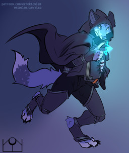 anthro armor casting_spell holding_object hood magic magic_user male simple_background simple_coloring solo text three-quarter_view errokioslem canid canine fox mammal full-length_portrait hi_res portrait shaded simple_shading url