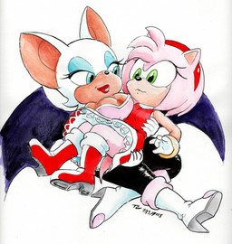 anthro armwear big_breasts blue_eyes bodysuit boots breasts carrying_another clothing dress duo elbow_gloves eyeshadow female footwear gloves green_eyes handwear high_heeled_boots high_heels lipstick makeup shoes skinsuit small_breasts thick_thighs tight_clothing wide_hips wings thedjtc sega sonic_the_hedgehog_(series) amy_rose rouge_the_bat bat eulipotyphlan hedgehog mammal 2018 dated hi_res