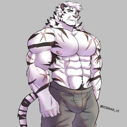 5_fingers anthro barazoku biped bulge clothed clothing fingers grey_background humanoid_hands male muscular muscular_anthro muscular_male nipples pink_nipples pubes simple_background solo text topless topless_anthro topless_male robinmg_45 arknights hypergryph studio_montagne mountain_(arknights) felid mammal pantherine tiger 1:1 absurd_res artist_name hi_res signature