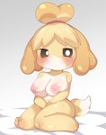 anthro areola biped blush bodily_fluids breasts brown_sclera female fur looking_at_viewer nipples nude on_ground solo sweat tail white_body white_eyes white_fur white_tail yellow_body yellow_fur yellow_tail himimi animal_crossing nintendo isabelle_(animal_crossing) canid canine canis domestic_dog mammal hi_res