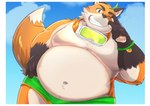 anthro belly big_belly cloud humanoid_hands kemono male moobs navel one_eye_closed outside overweight overweight_anthro overweight_male solo wink nazebesu_hobby tamacolle iyo_(tamacolle) canid canine fox mammal 2023 absurd_res hi_res