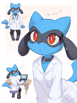 3_fingers 3_toes anthro anthrofied barefoot biped blue_body blue_ears blue_fur blue_tail blush breasts butt clothed clothed_anthro clothed_female clothing doctor feet female fingers front_view fur looking_at_viewer looking_back medical_instrument open_mouth pawpads pink_pawpads pokemorph red_eyes scientific_instrument simple_background sitting small_breasts smile solo standing stethoscope tail toes topwear ancesra nintendo pokemon generation_4_pokemon pokemon_(species) riolu 2025 3:4 digital_drawing_(artwork) digital_media_(artwork) hi_res