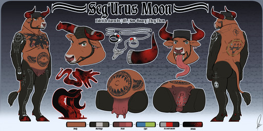 andromorph anthro anus beard belly chain clothing color_swatch ear_piercing ear_ring facial_hair hat headgear headwear horn intersex magic nipple_piercing nipples nude piercing ring_piercing solo tattoo teats teeth text tongue udders uvula agroalba segurus_moon aurochs bovid bovine mammal recently_extinct_species 2026 english_text hi_res model_sheet nonbinary_(lore)