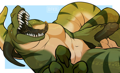 anthro balls bodily_fluids claws genitals green_body green_scales horn male open_mouth penis saliva saliva_string scales solo striped_body stripes tail teeth tongue tongue_out yellow_eyes dfkr mythology mech_(mechedragon) dragon mythological_creature mythological_scalie scalie hi_res